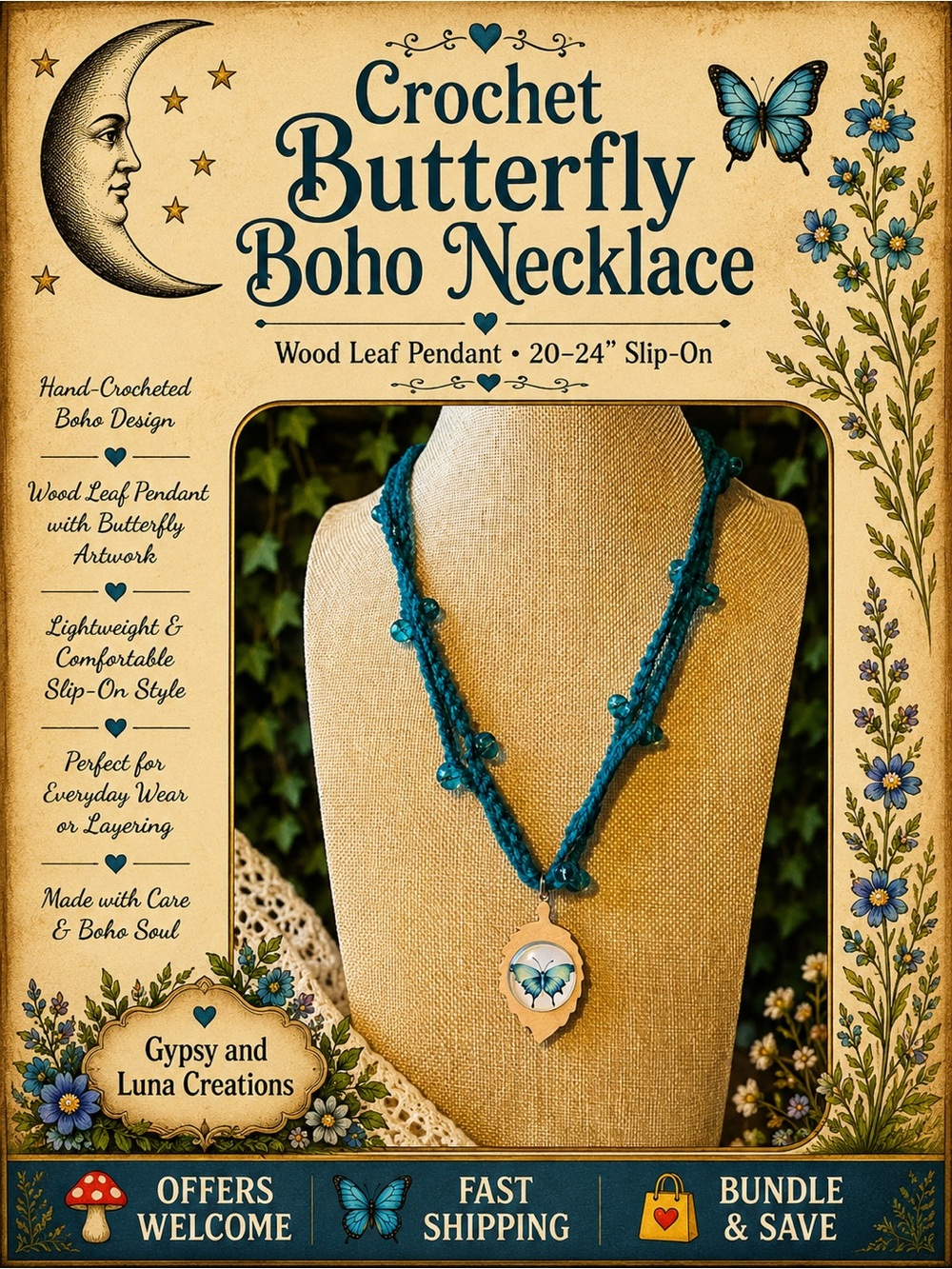 Handmade Crochet Butterfly Necklace Wooden Leaf Pendant Boho Nature 20–24”